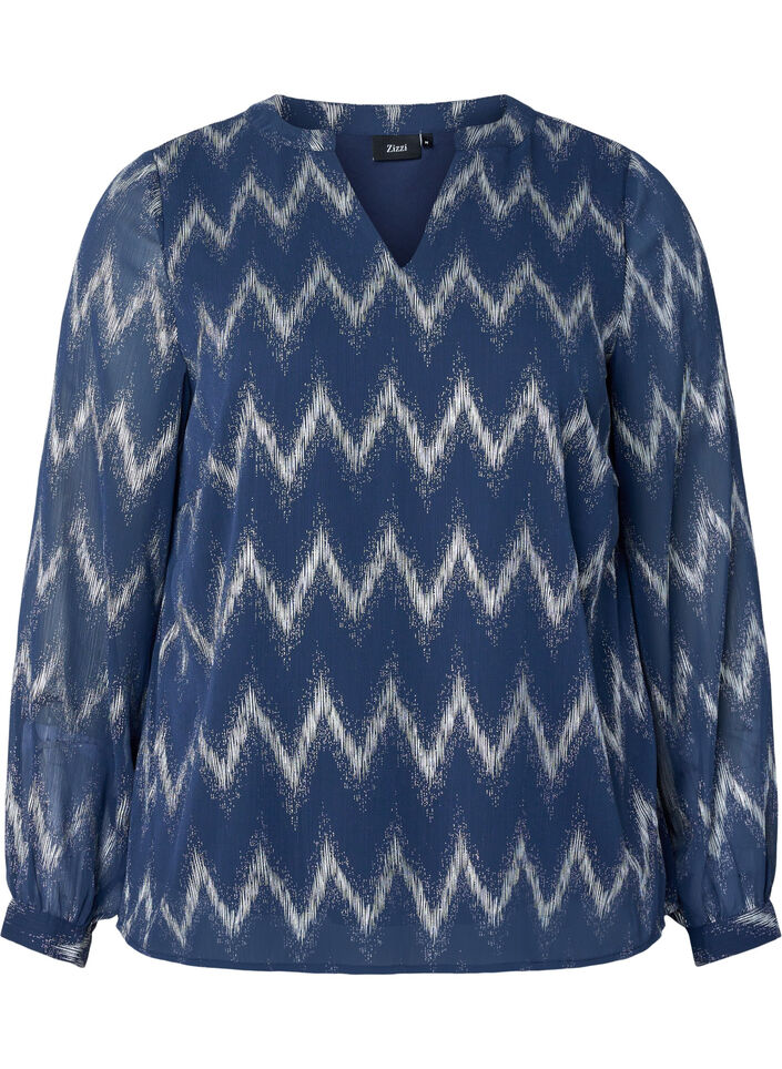 Bedrukte blouse met V-halslijn, Blauw, Packshot image number 0