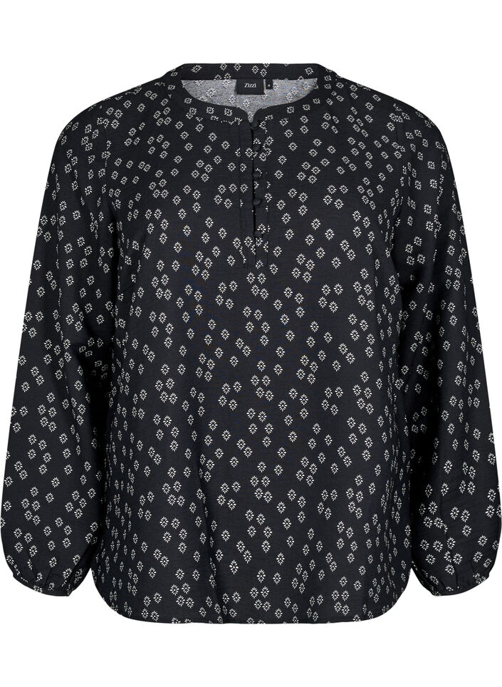 Blouse met lange mouwen met patroon en knopen, Zwart, Packshot image number 0