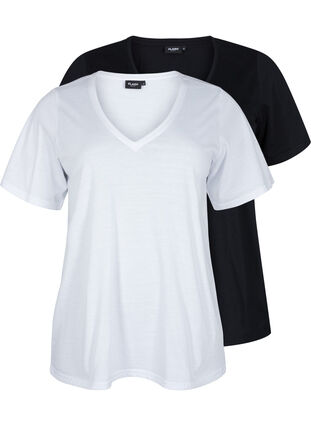 FLASH - T-shirts 2-pack à col en V, White/Black, Packshot image number 0