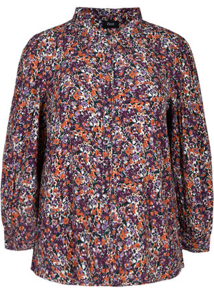 Viscose blouse met bloemenprint, Purple flower AOP, Packshot image number 0