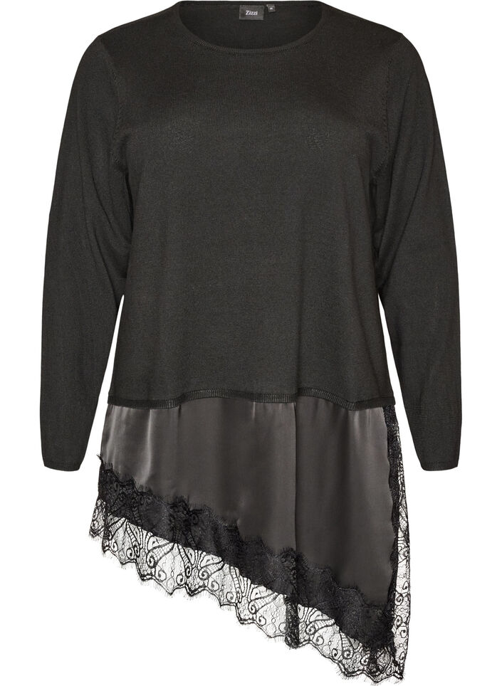 Blouse en maille &agrave; effet superpos&eacute; et bordure en dentelle, Noir, Packshot image number 0