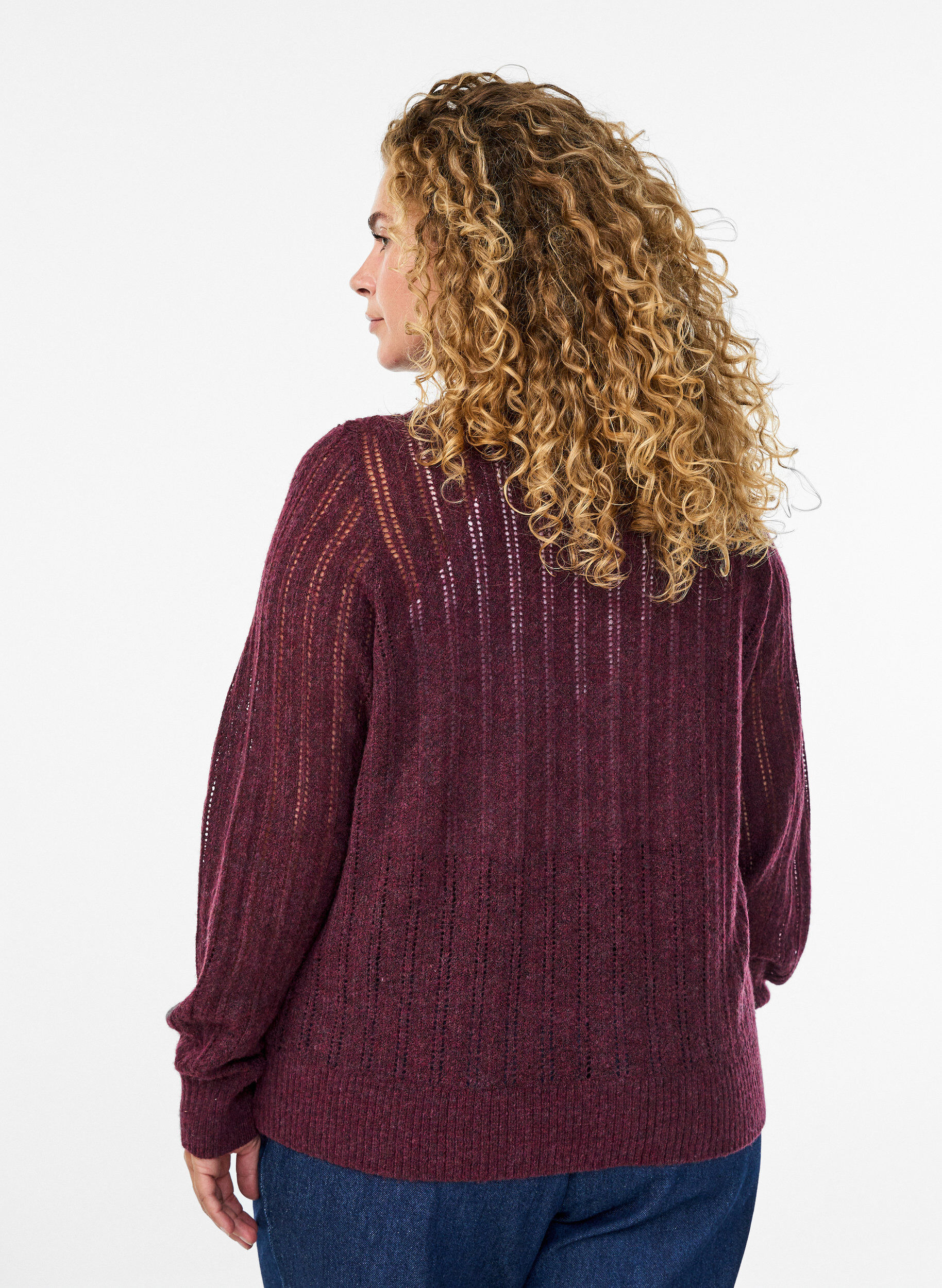 ZizziCardigan en maille ajour&eacute;e, Bordeaux fonc&eacute;, Model image number 2
