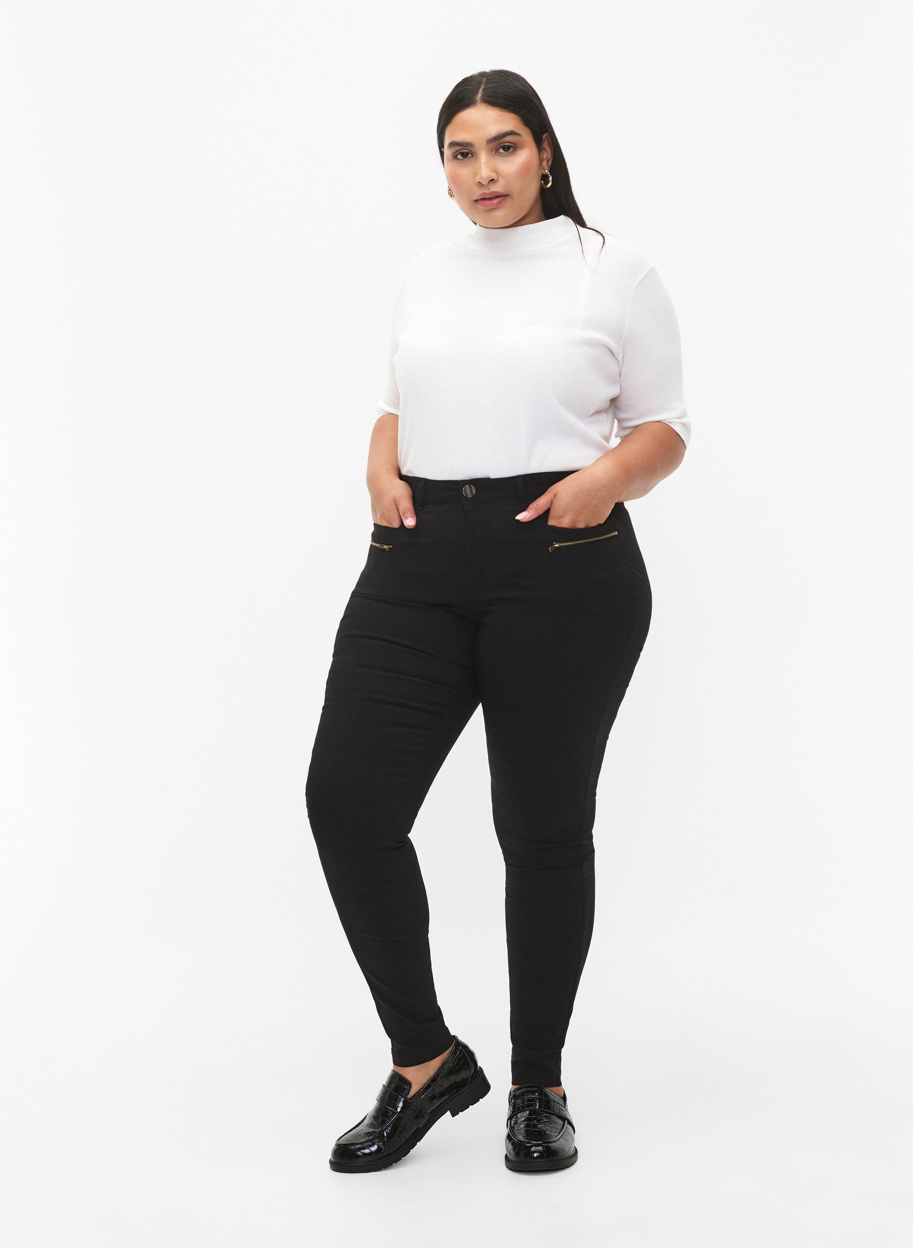 Pantalon moulant avec d&eacute;tails de fermetures &eacute;clairs , Noir, Model