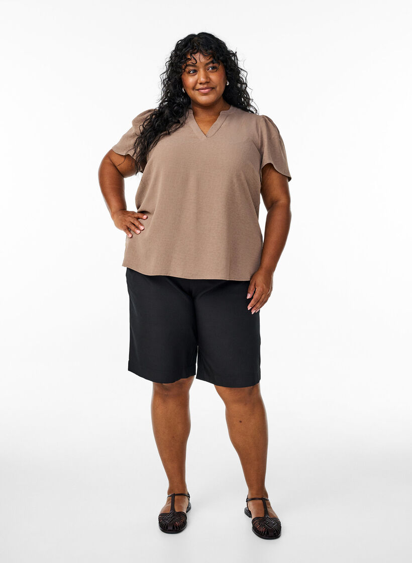 Chemisier à manches courtes à volants et col en V, Marron, Model image number 1