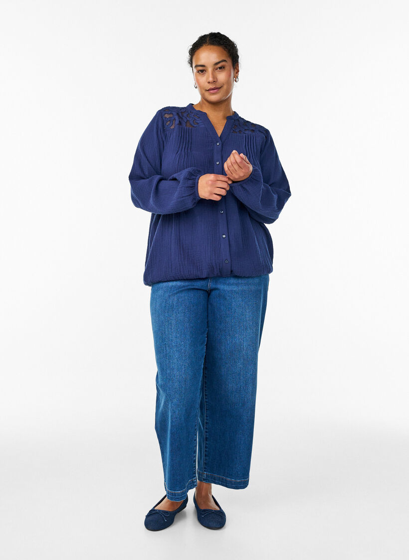 Katoenen mousseline blouse met geborduurde details, Blauw, Model image number 1