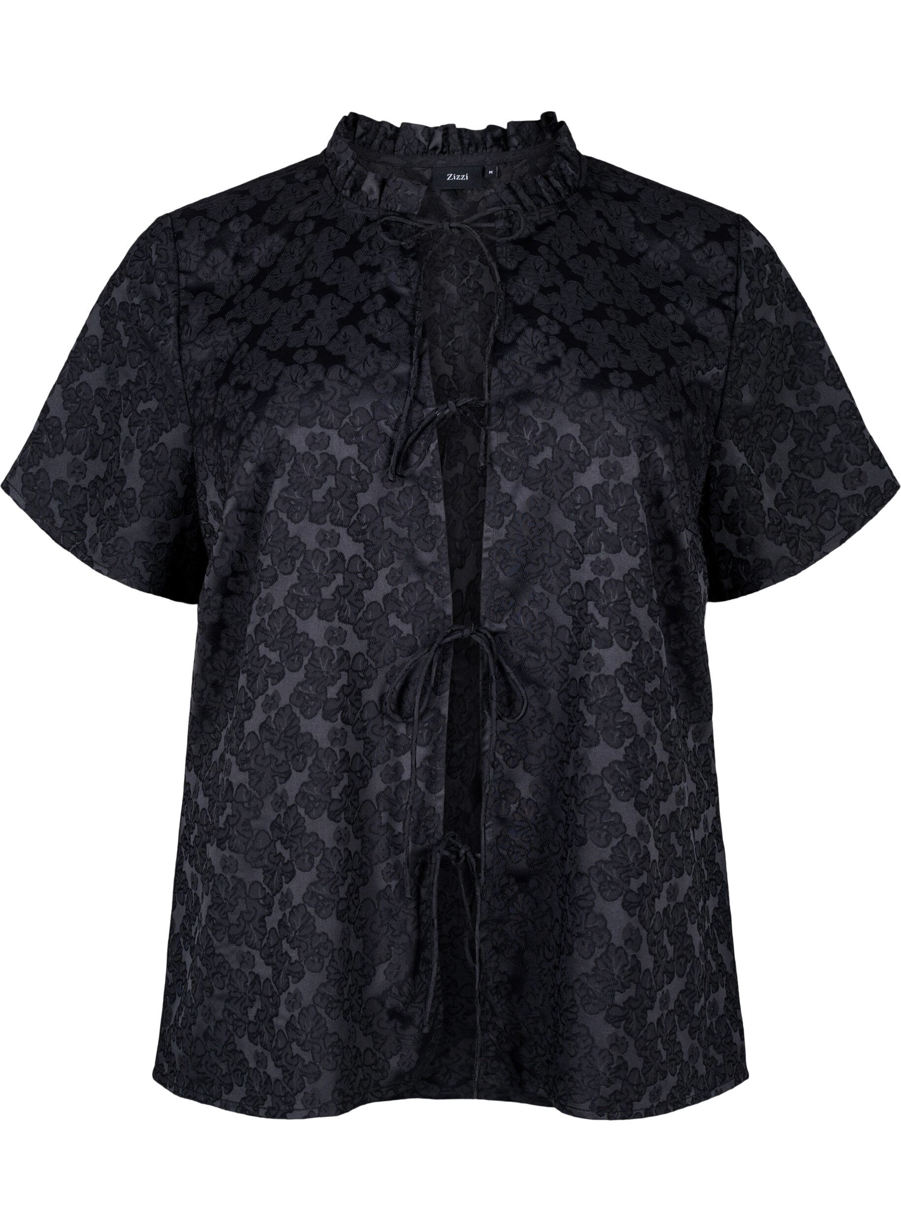 ZizziJacquard blouse met korte mouwen en strikjes, Zwart, Packshot image number 0