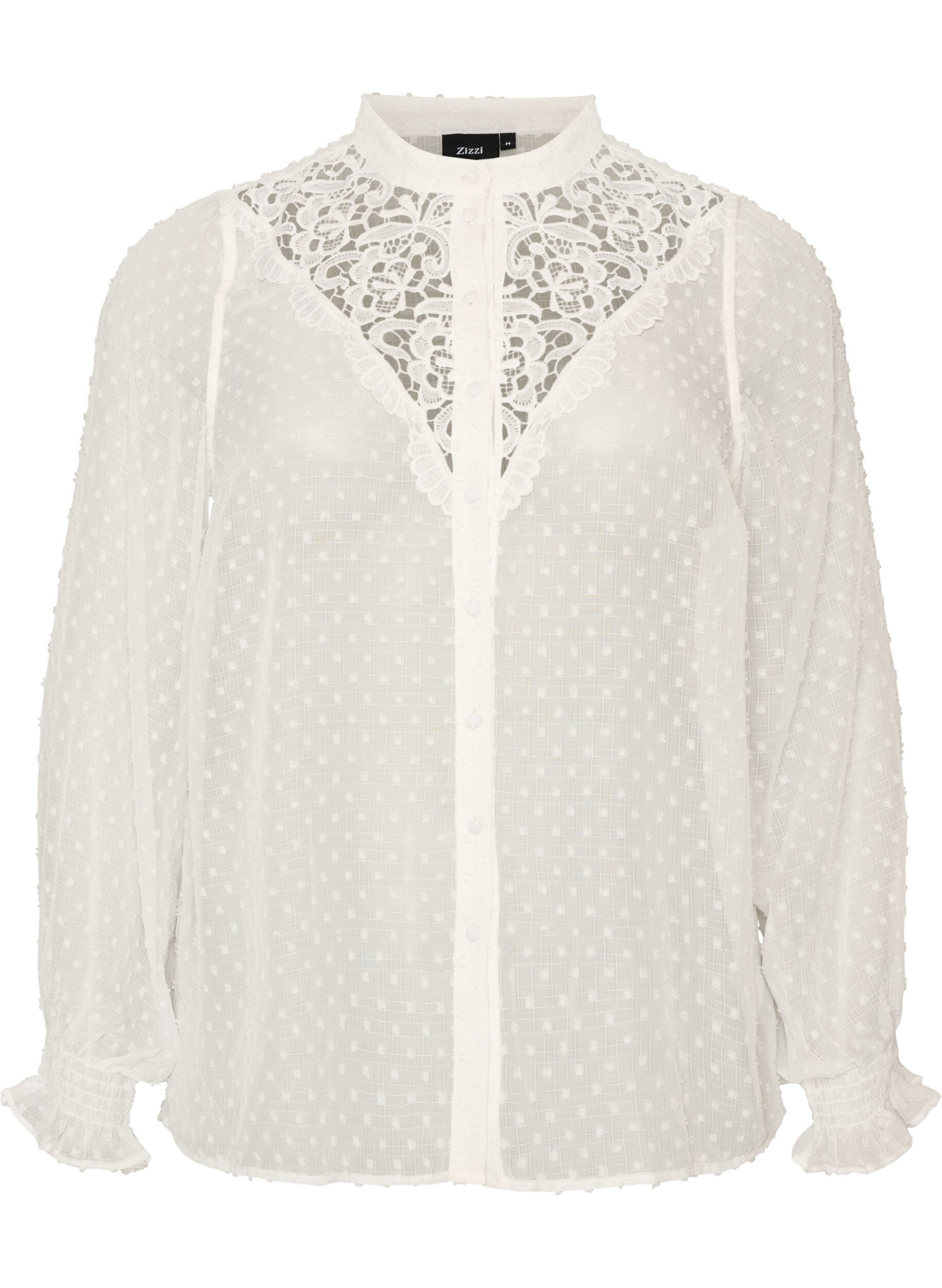 Overhemdblouse met kanten inzet en stippenpatroon