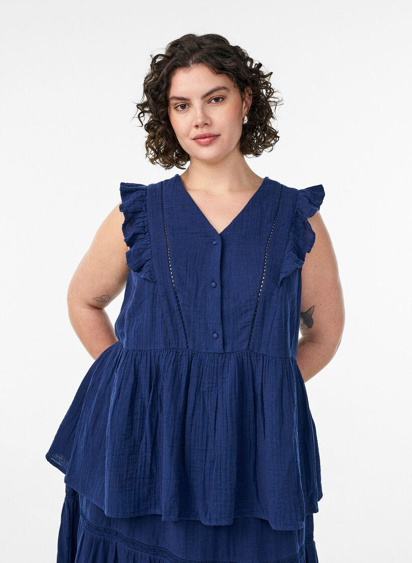 Blouse sans manches en mousseline de coton avec volants, Bleu, Model image number 0