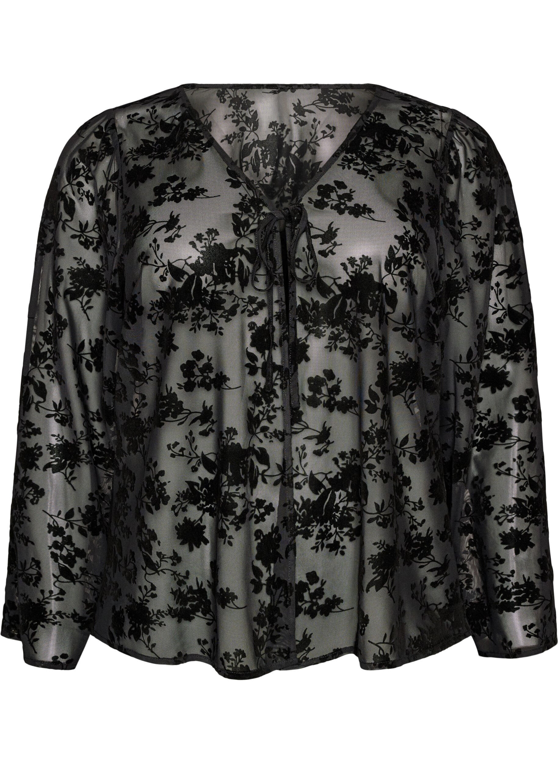 ZizziBlouse en maille ouverte devant avec motif floral, Noir, Packshot image number 0