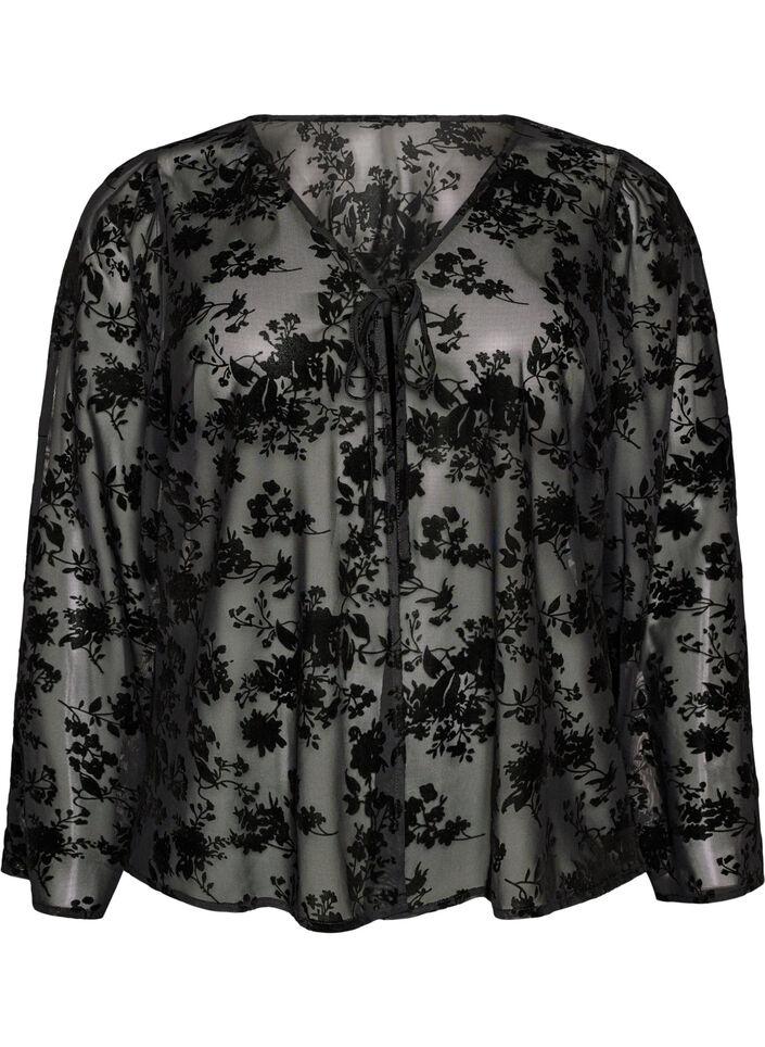 Blouse en maille ouverte devant avec motif floral, Noir, Packshot image number 0
