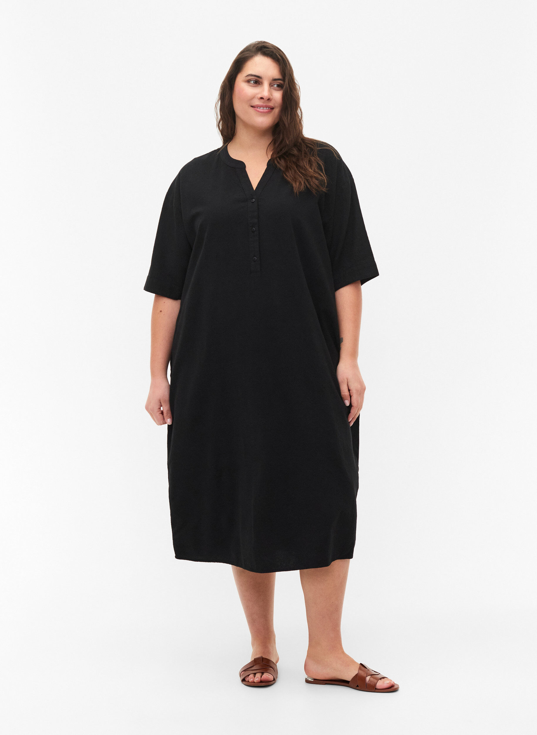 Zizzi FLASH - Robe midi &agrave; manches courtes en coton, Black, Model image number 0