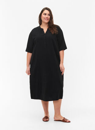 FLASH - Robe midi à manches courtes en coton, Black, Model image number 0