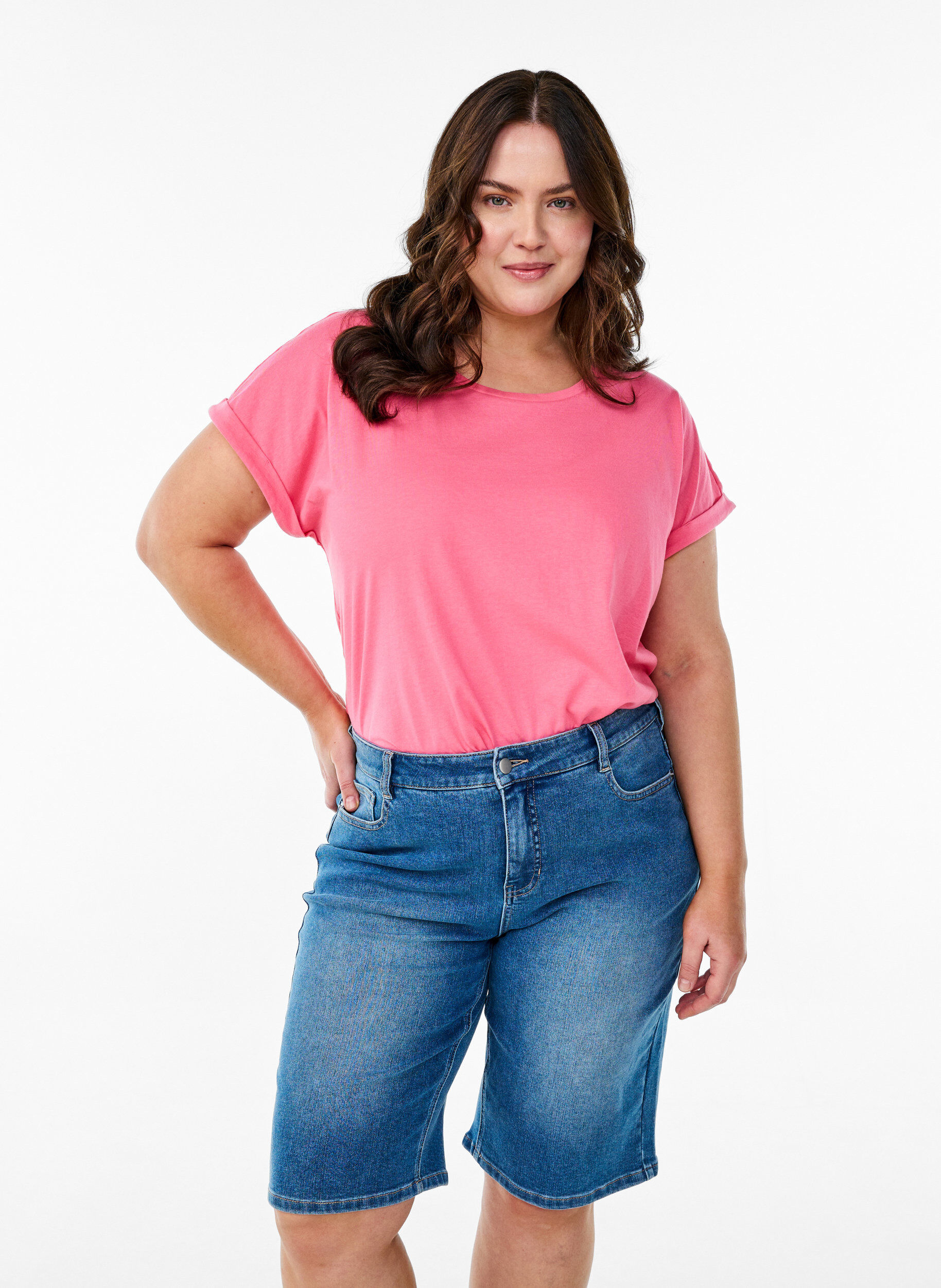 Bermuda en denim taille haute, Bleu Clair, Model