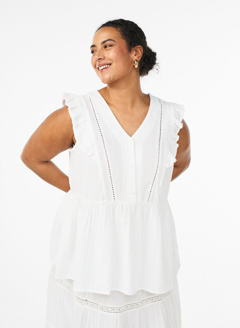 Mouwloze blouse van katoen mousseline met ruches, Wit, Model image number 0