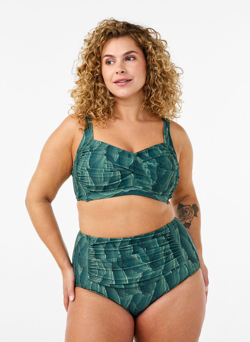 Culotte de bikini imprim&eacute;e et taille haute, Vert fonc&eacute;, Model image number 0