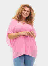 Bedrukte blouse met strikkoord en korte mouwen, Pink Ditzy Flower, Model