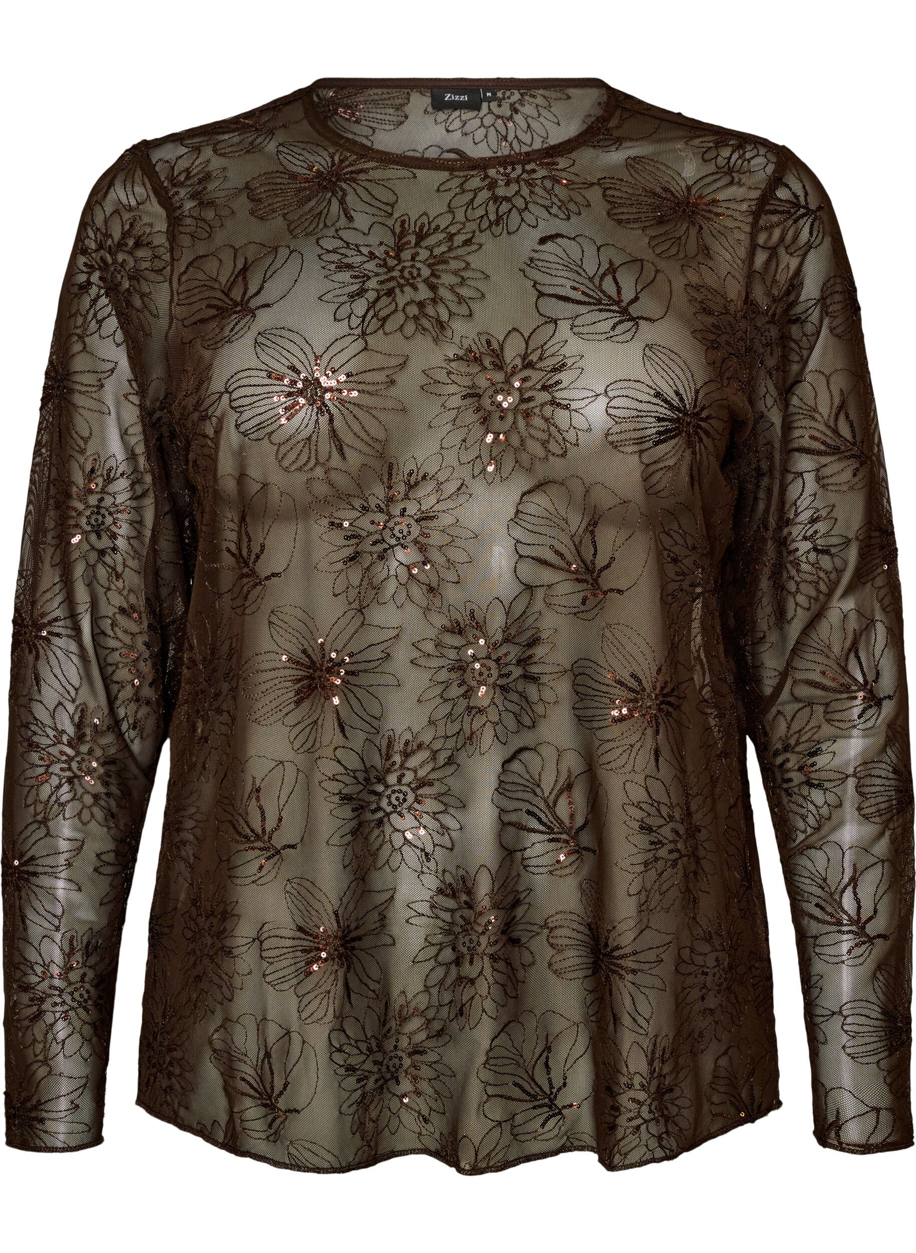 ZizziBlouse en mesh avec fleurs et sequins, Marron, Packshot image number 0