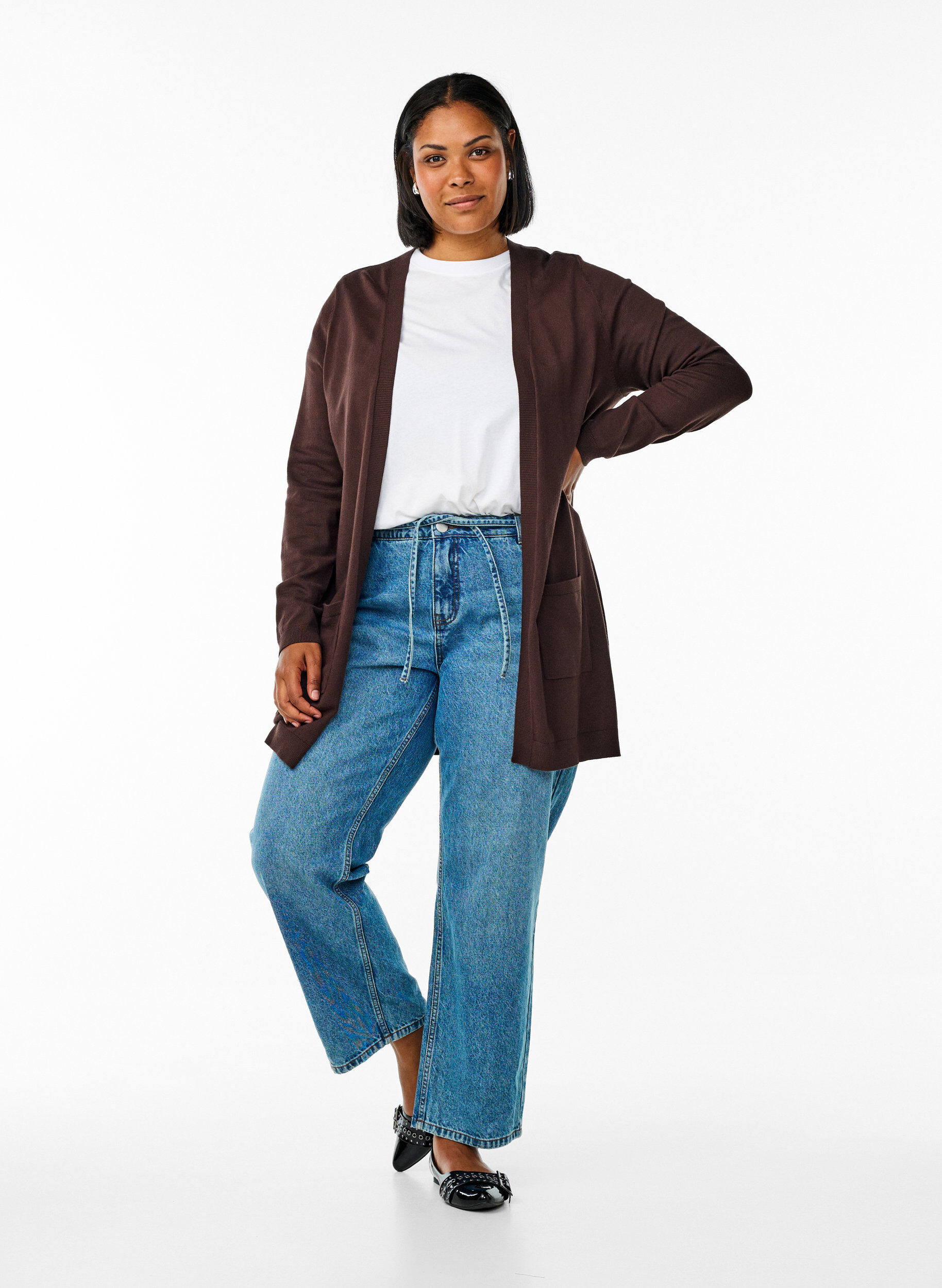 ZizziLang gebreid vest van een viscose mix, Bruin, Model image number 1