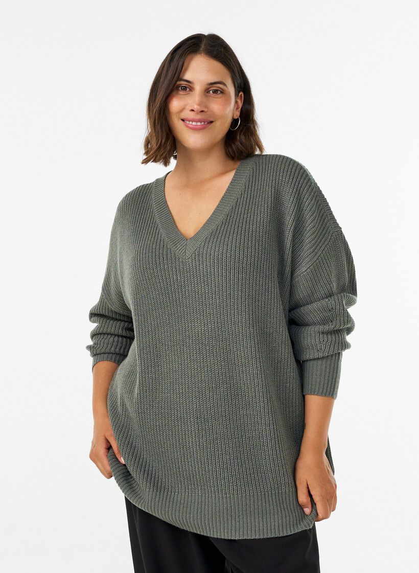 Lange ribgebreide blouse met V-hals, Groen, Model image number 0