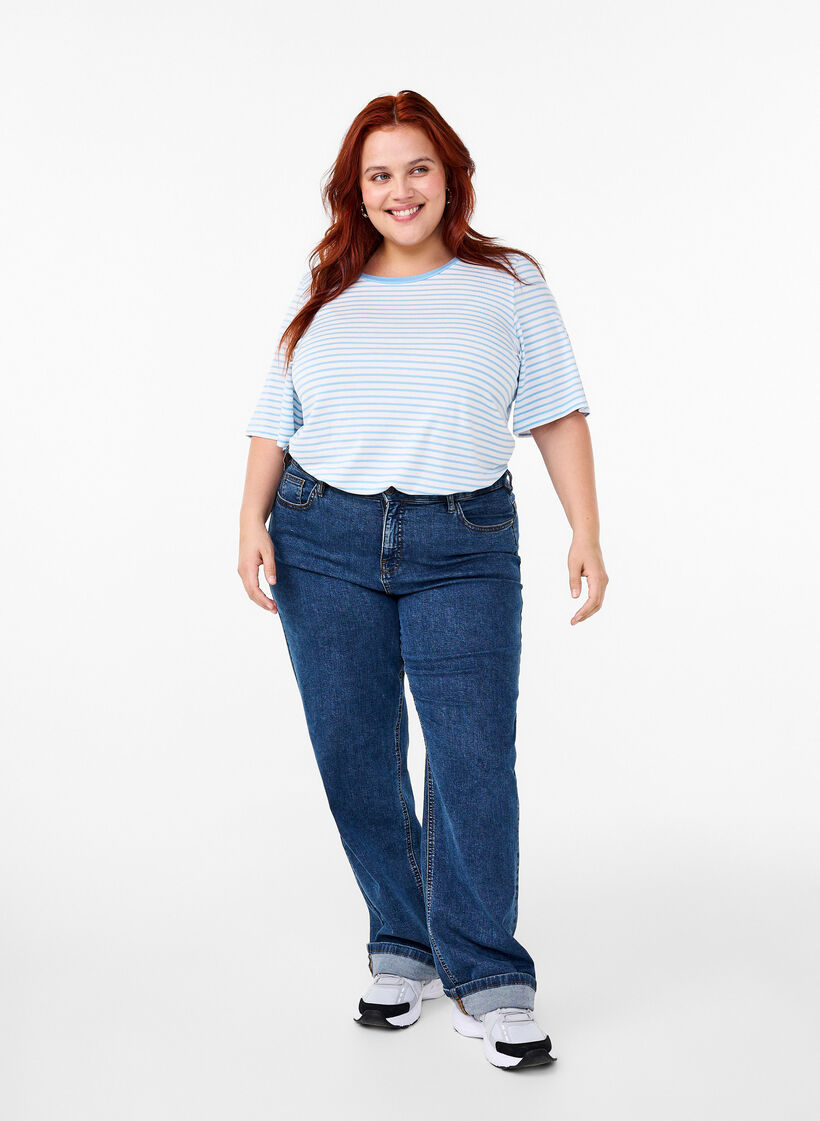 T-shirt rayé en Lyocell à col rond, Bleu Clair, Model image number 1