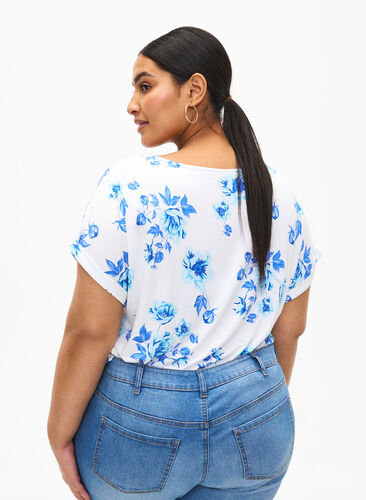 Viscose blouse met korte mouwen en bloemen, White Blue AOP, Model image number 1