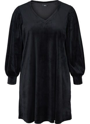 Robe en velours à manches longues bouffantes, Black, Packshot image number 0