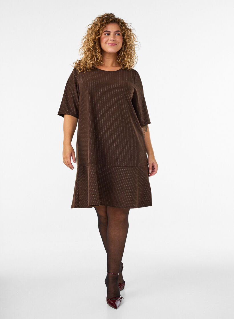Korte A-lijnjurk met glitterstrepen, Bruin, Model image number 1