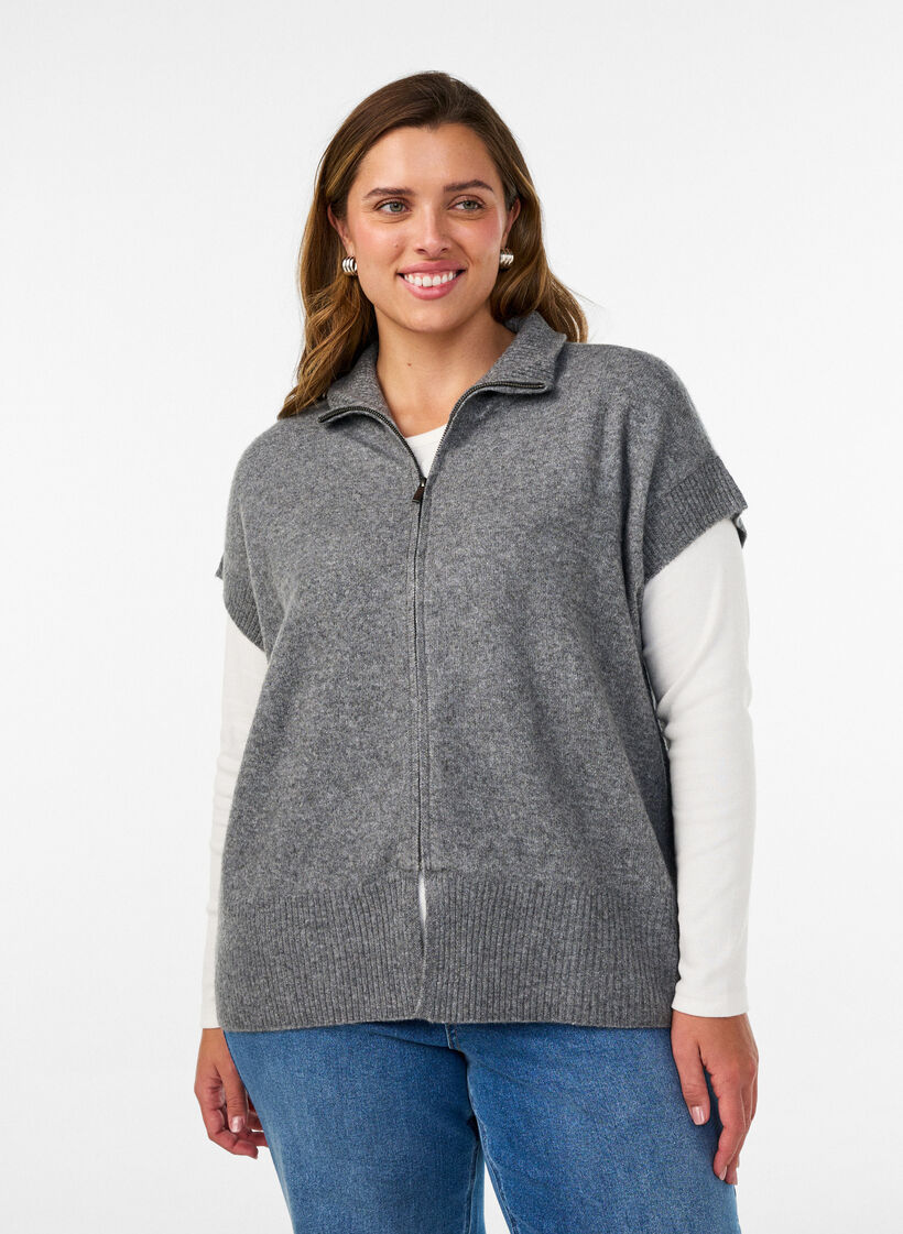 Gilet en maille &agrave; col montant et fermeture zipp&eacute;e, Gris, Model image number 0