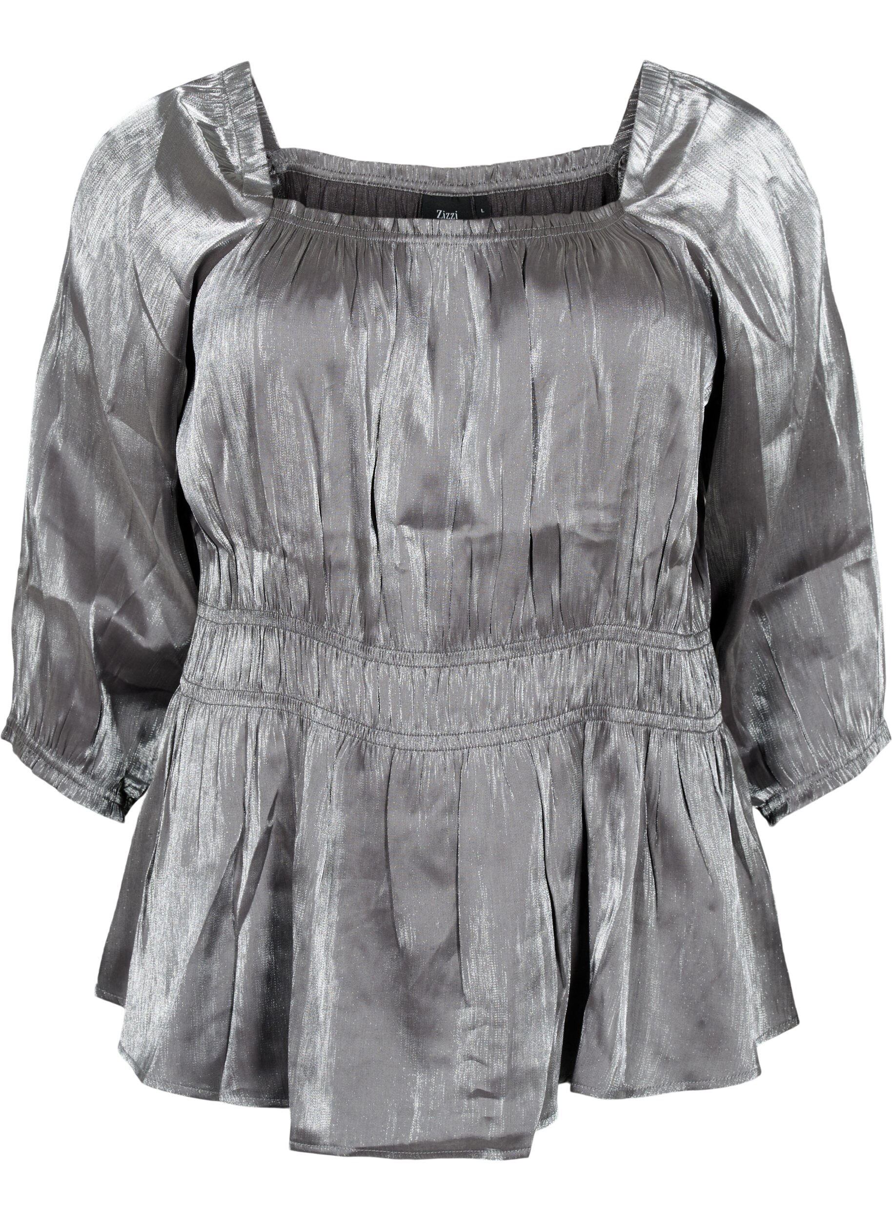 ZizziZilverkleurige blouse met 3/4 mouwen en smok, Dark Silver, Packshot image number 0