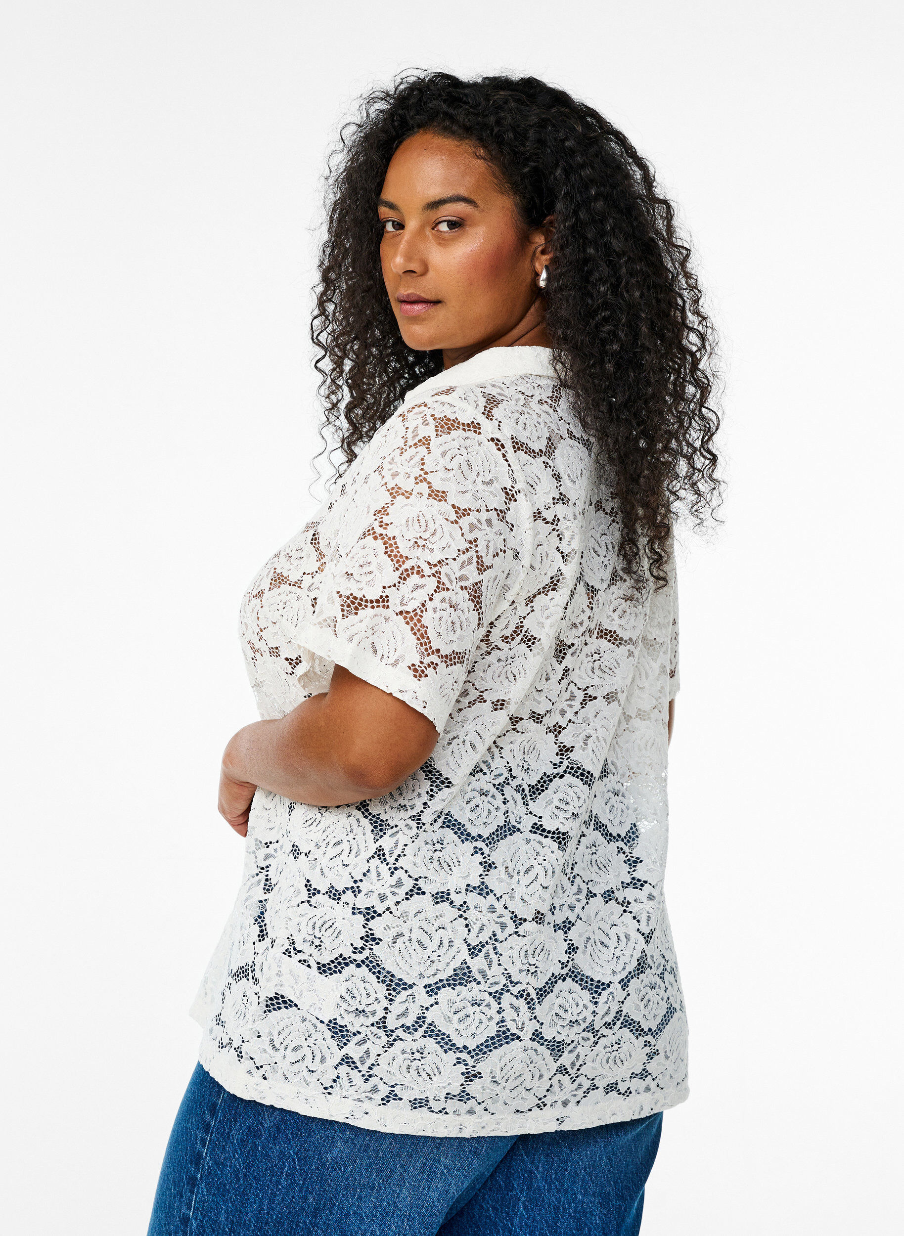 ZizziKanten blouse met een kraag en V-hals, Vanille, Model image number 2