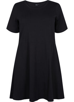Gestippelde katoenen jurk met korte mouwen, Black, Packshot image number 0