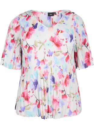 Gebloemde blouse met plooien, White/MultiFlowerAOP, Packshot image number 0