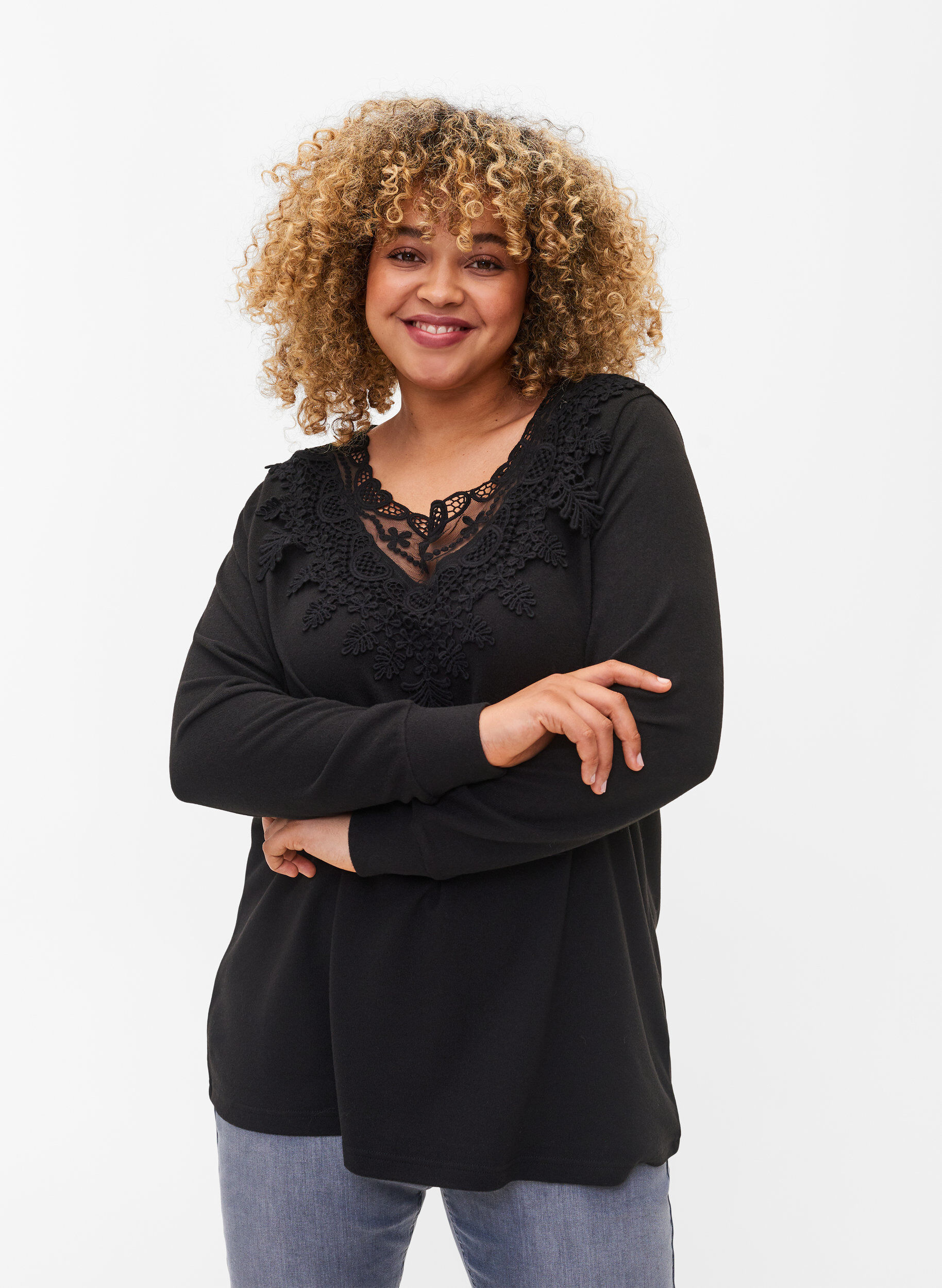 ZizziBlouse met lange mouwen en kanten details, Black, Model image number 0