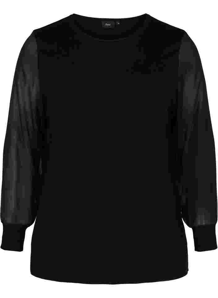 Viscose gebreide blouse met chiffon mouwen, Black, Packshot image number 0