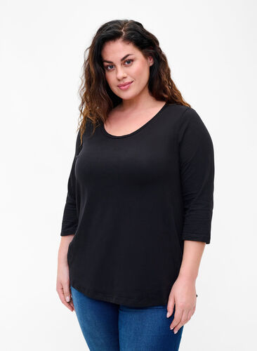 T-shirt en coton de base à manches 3/4, Black, Model image number 0