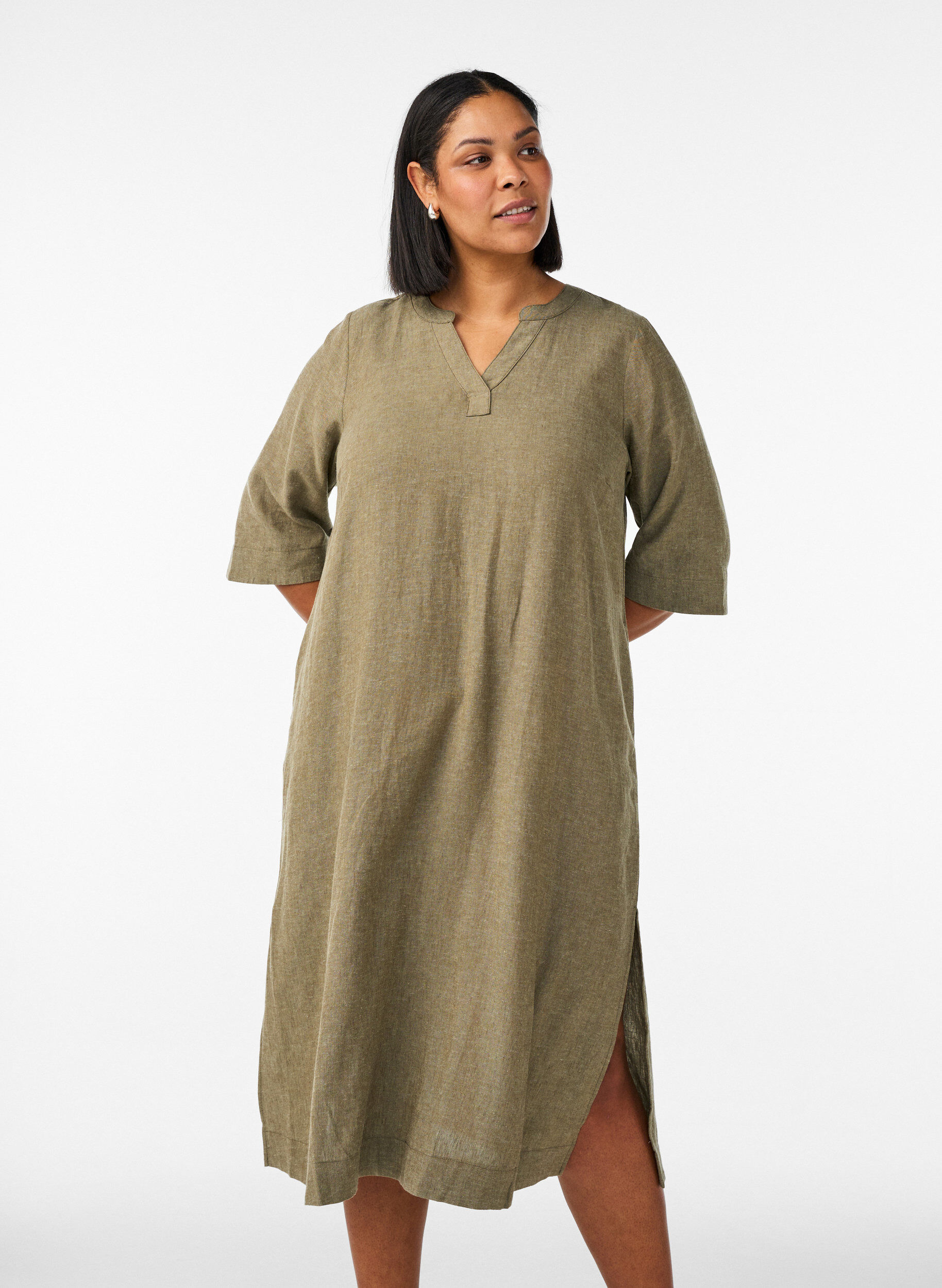 Midi-jurk in linnen en viscose met 1/2 mouwen, Groen, Model