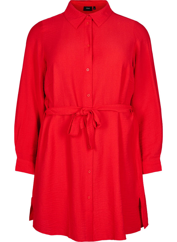Robe chemise avec ceinture nouée et manches longues, Rouge, Packshot image number 0