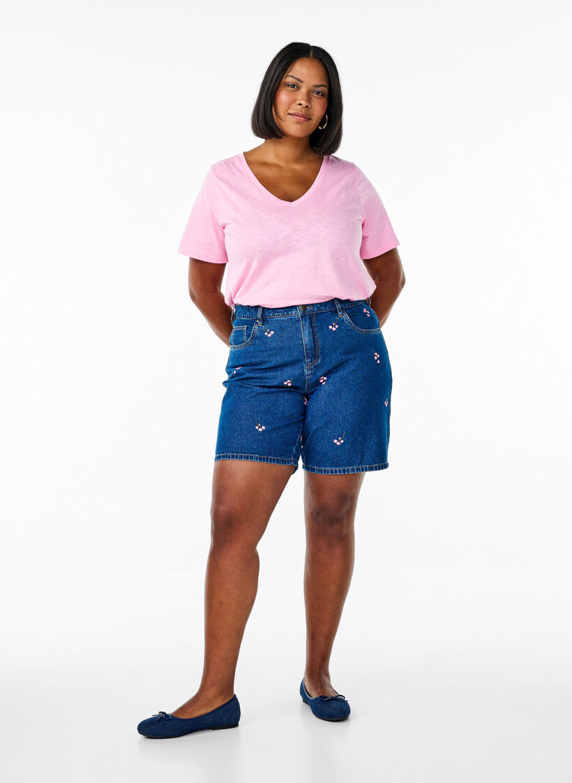 Basic t-shirt met korte mouwen en V-hals, Roze, Model image number 1