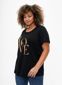 T-shirt en coton avec texte doré, Black w. Gold Love, Model