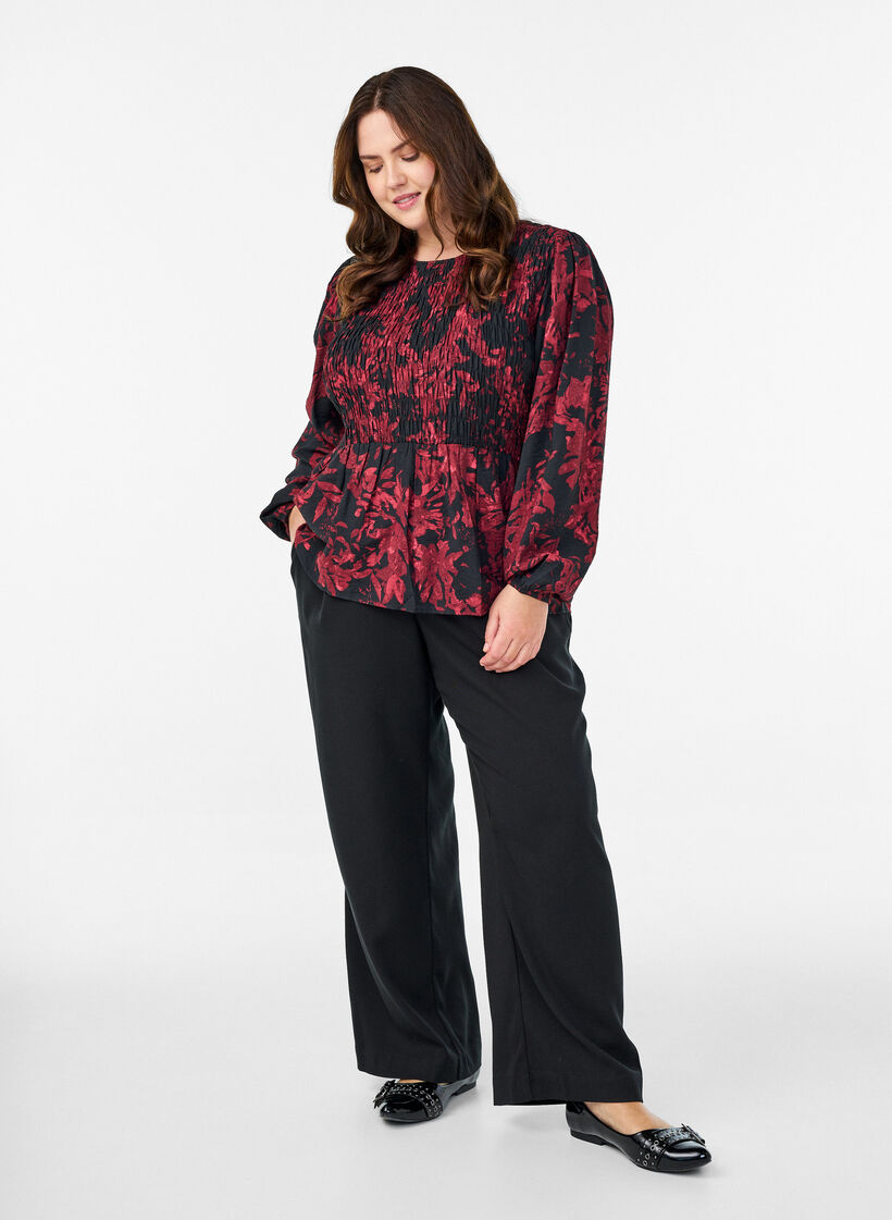 Blouse avec smocks et manches longues, Noir, Model image number 1