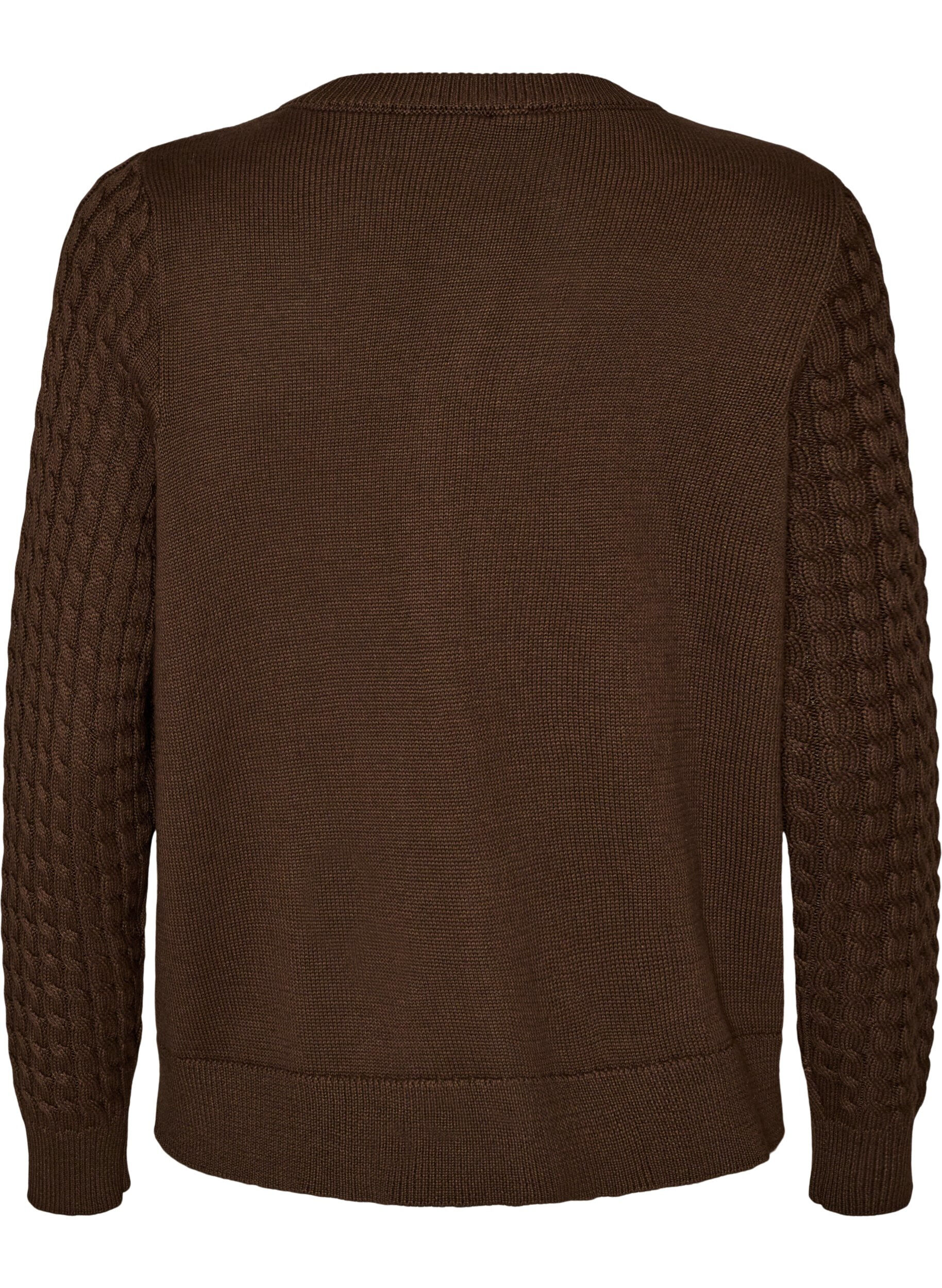 ZizziKabelgebreid vest met gouden knopen, Bruin, Packshot image number 1