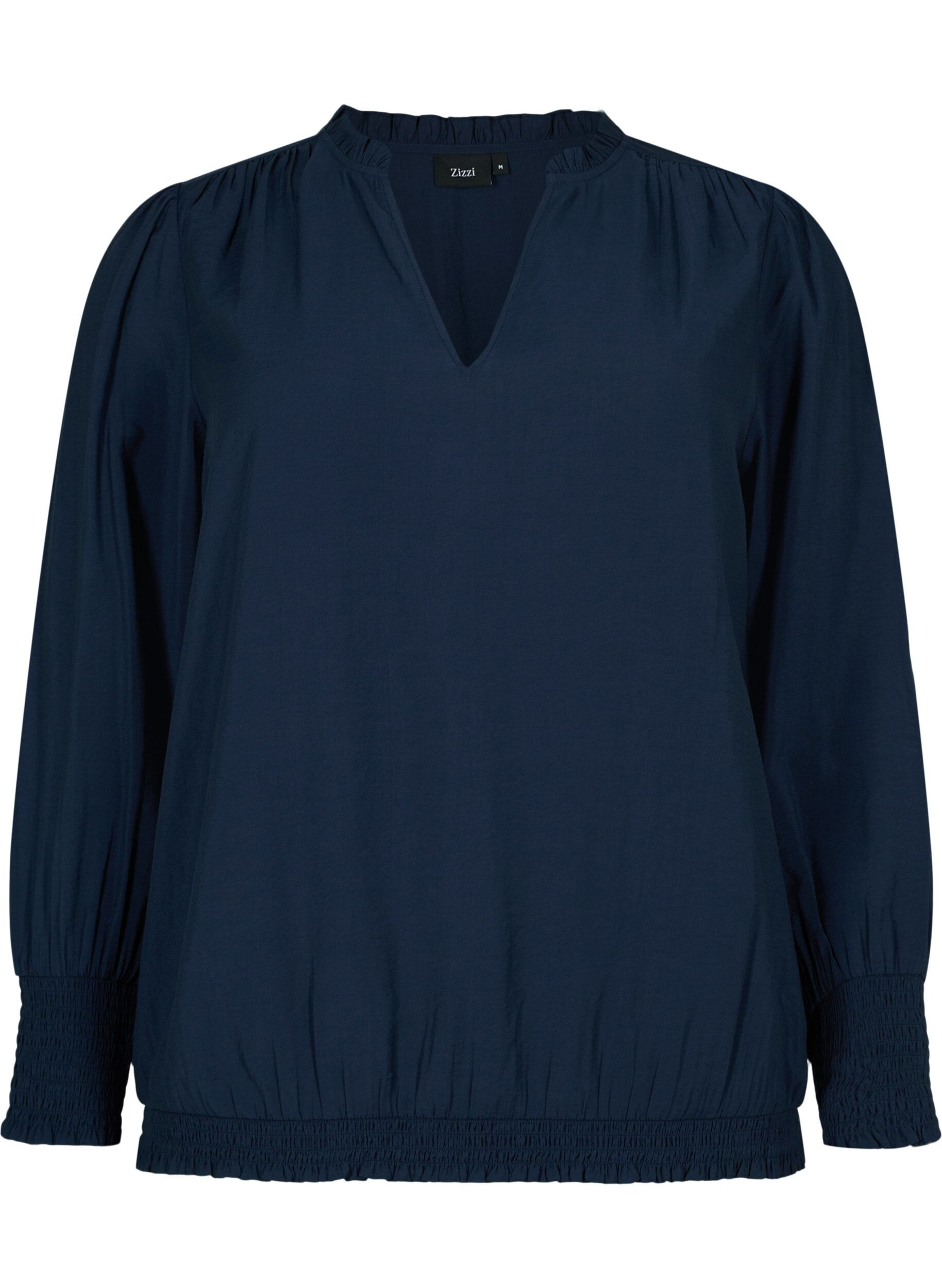 ZizziViscose blouse met lange mouwen en smok, Navy Blazer, Packshot image number 0