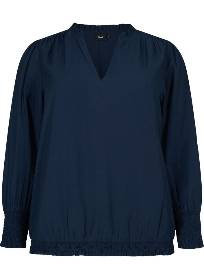 Viscose blouse met lange mouwen en smok, Navy Blazer, Packshot image number 0