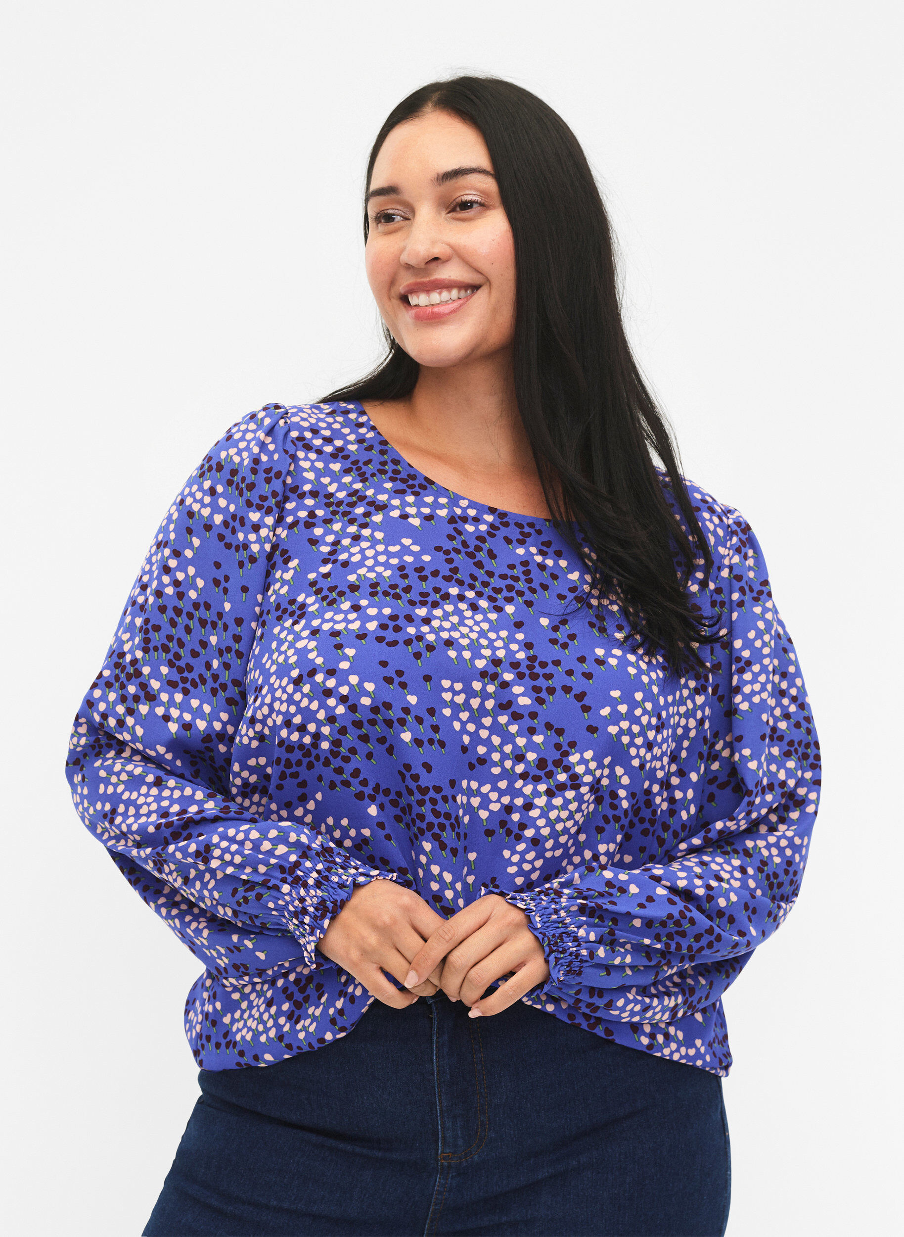 ZizziFLASH - Blouse met lange mouwen, smok en print, Dazzling Blue AOP, Model image number 0