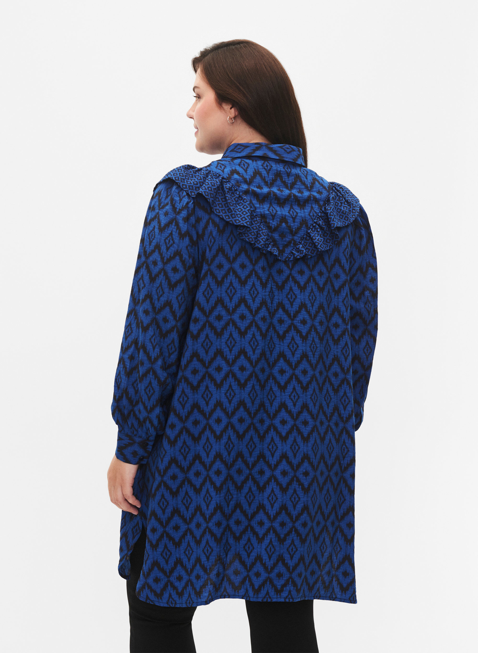 ZizziLange viscose shirt met print en franjes, True blue w. Black, Model image number 1