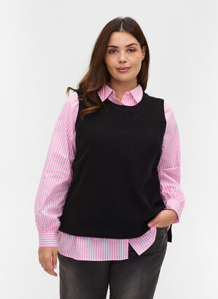Gilet tricoté avec col rond et fente, Black, Model image number 0
