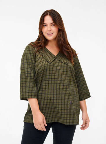 Geruite blouse met 3/4-mouwen en kraag met ruches, Ivy Green Check, Model image number 0