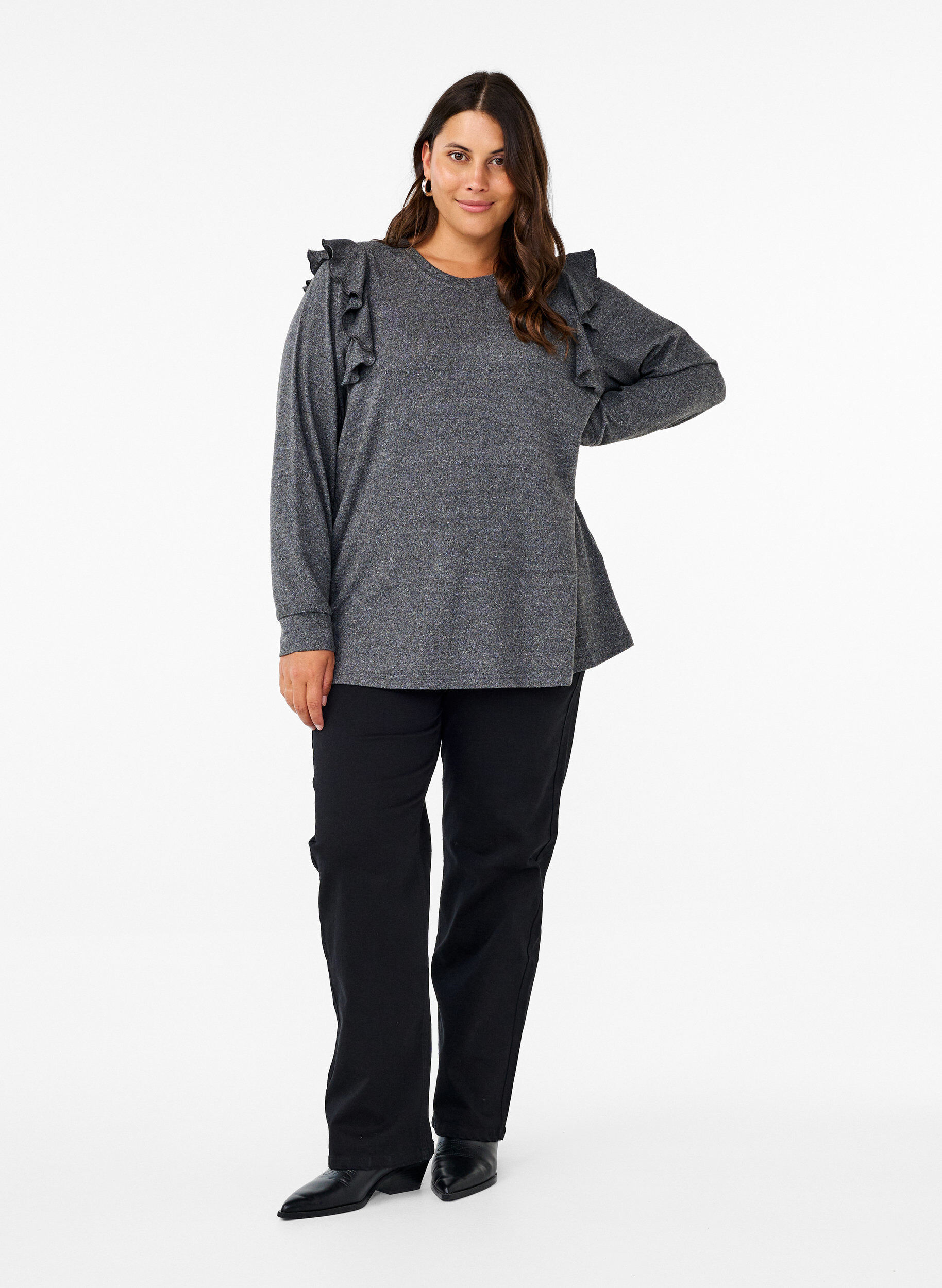 Zizzi Blouse met lange mouwen en ruches, Dark Grey Melange, Model image number 2