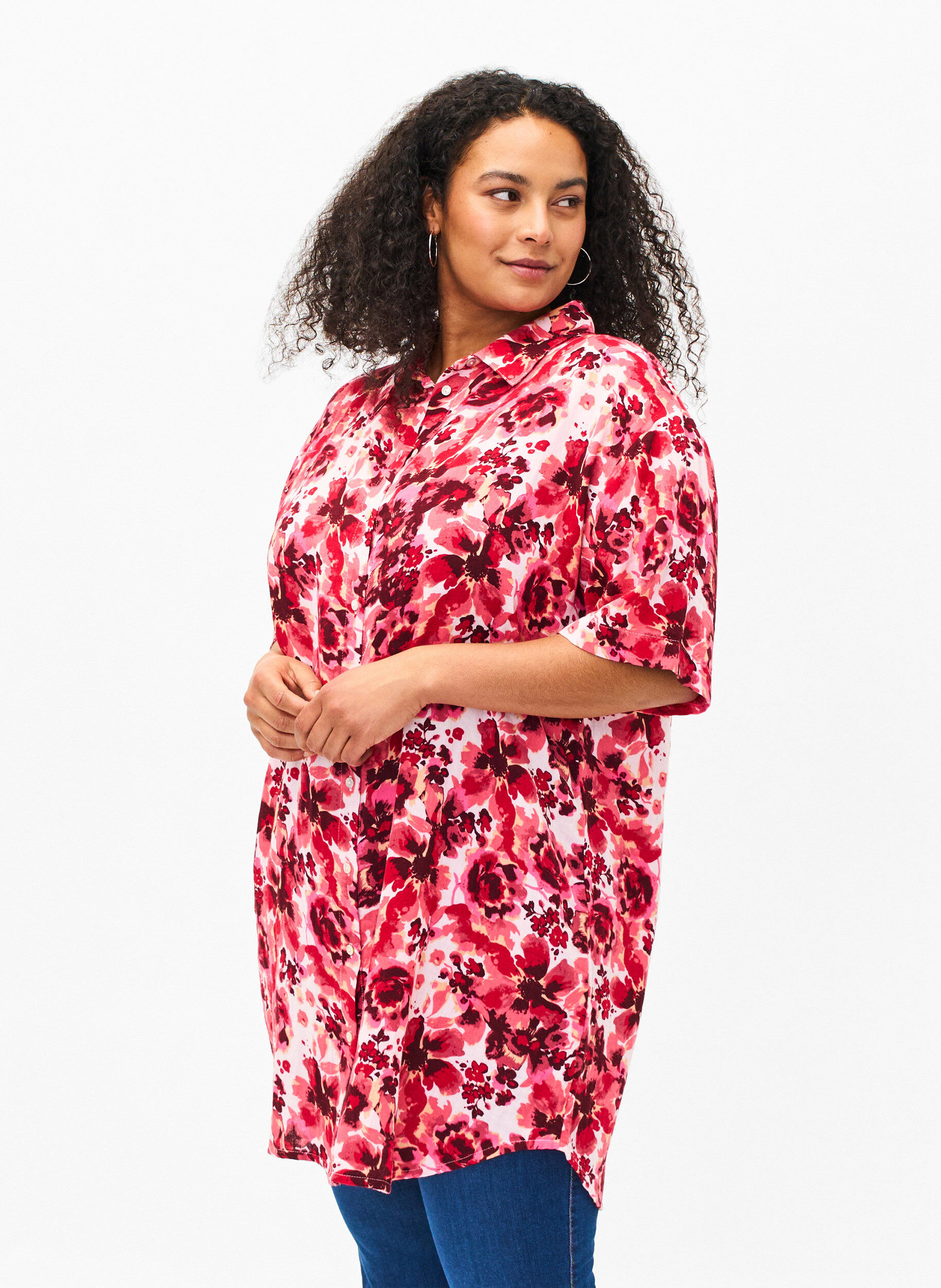 ZizziLang shirt met all-over print, Pink AOP Flower, Model image number 0