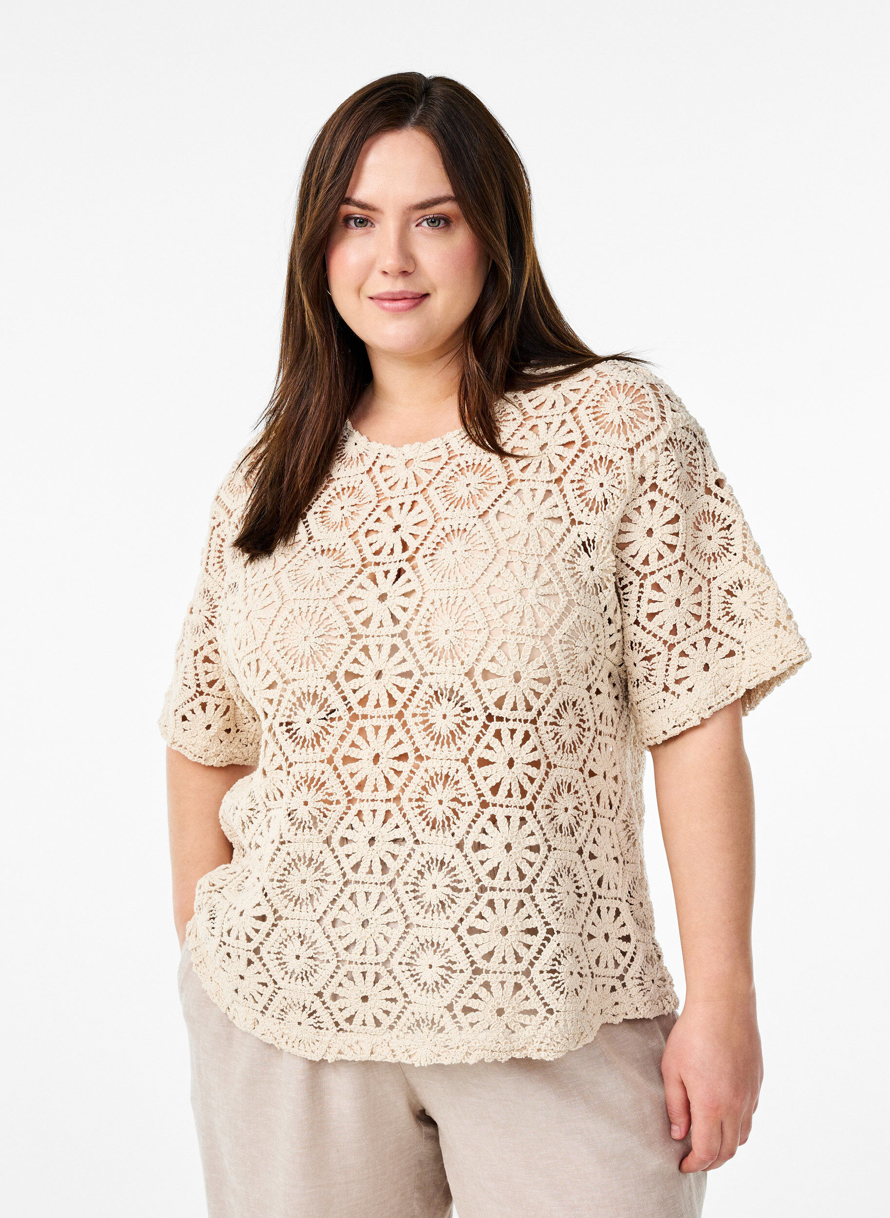 Haakblouse met korte mouwen, Beige, Model